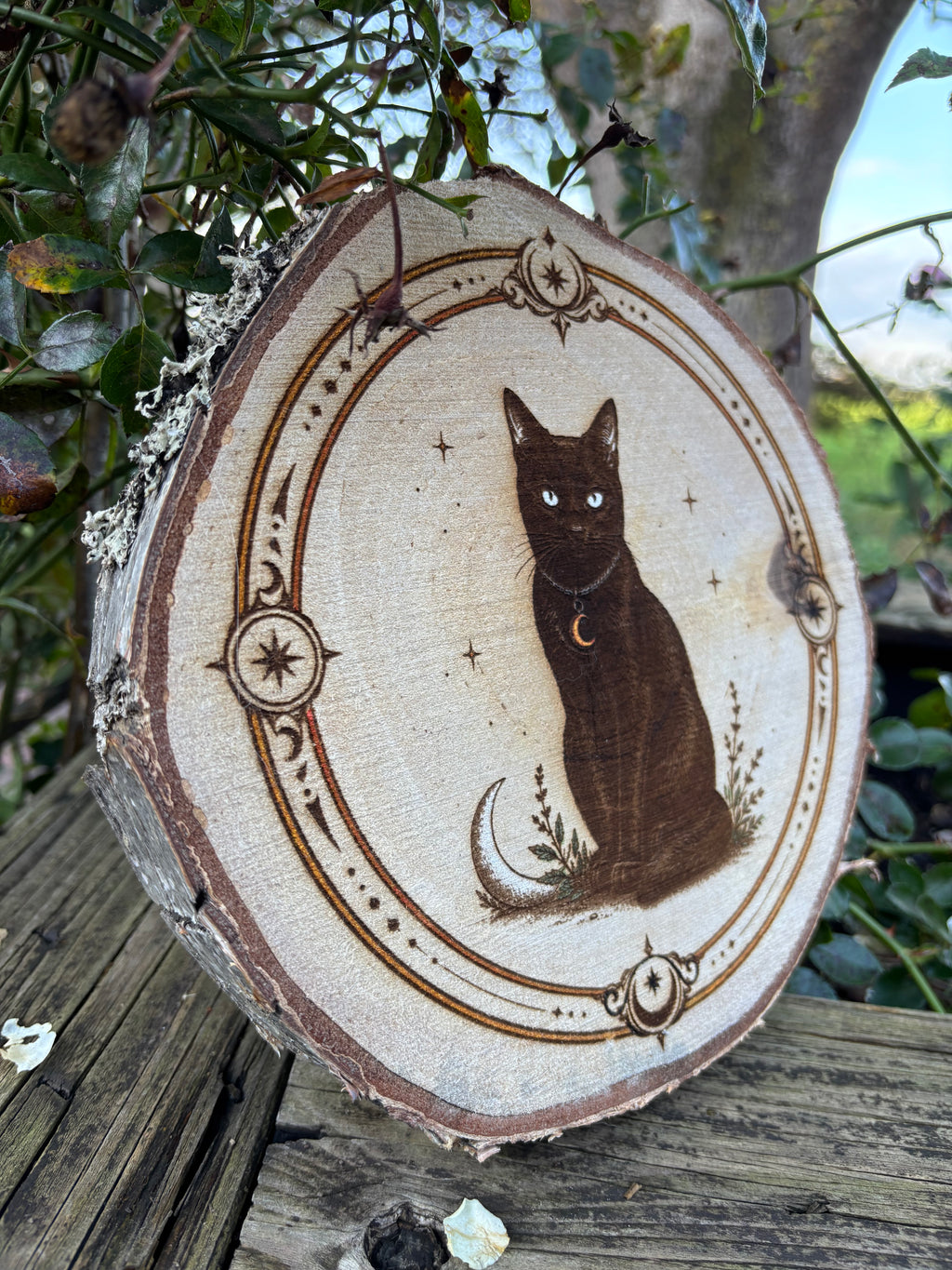 Baumscheibe Schwarze Katze mit goldenem Halbmond am Halsband von Whispering Woods Studio